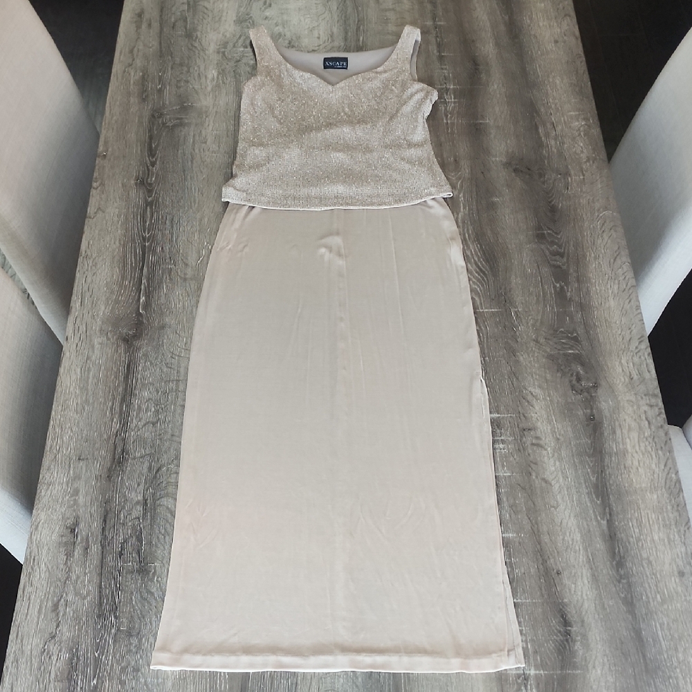 Y2K Xscape by Lawrence Kurtz Elegant Beige Shimmery Sleeveless Dress & Jacket - Picture 3 of 14